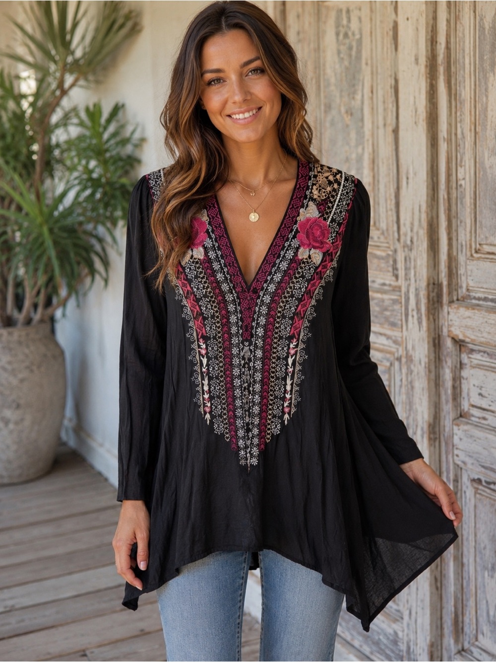 Andre by Unit Tunic with Pink Rose Embroidery - Women's V-Neck Boho Top